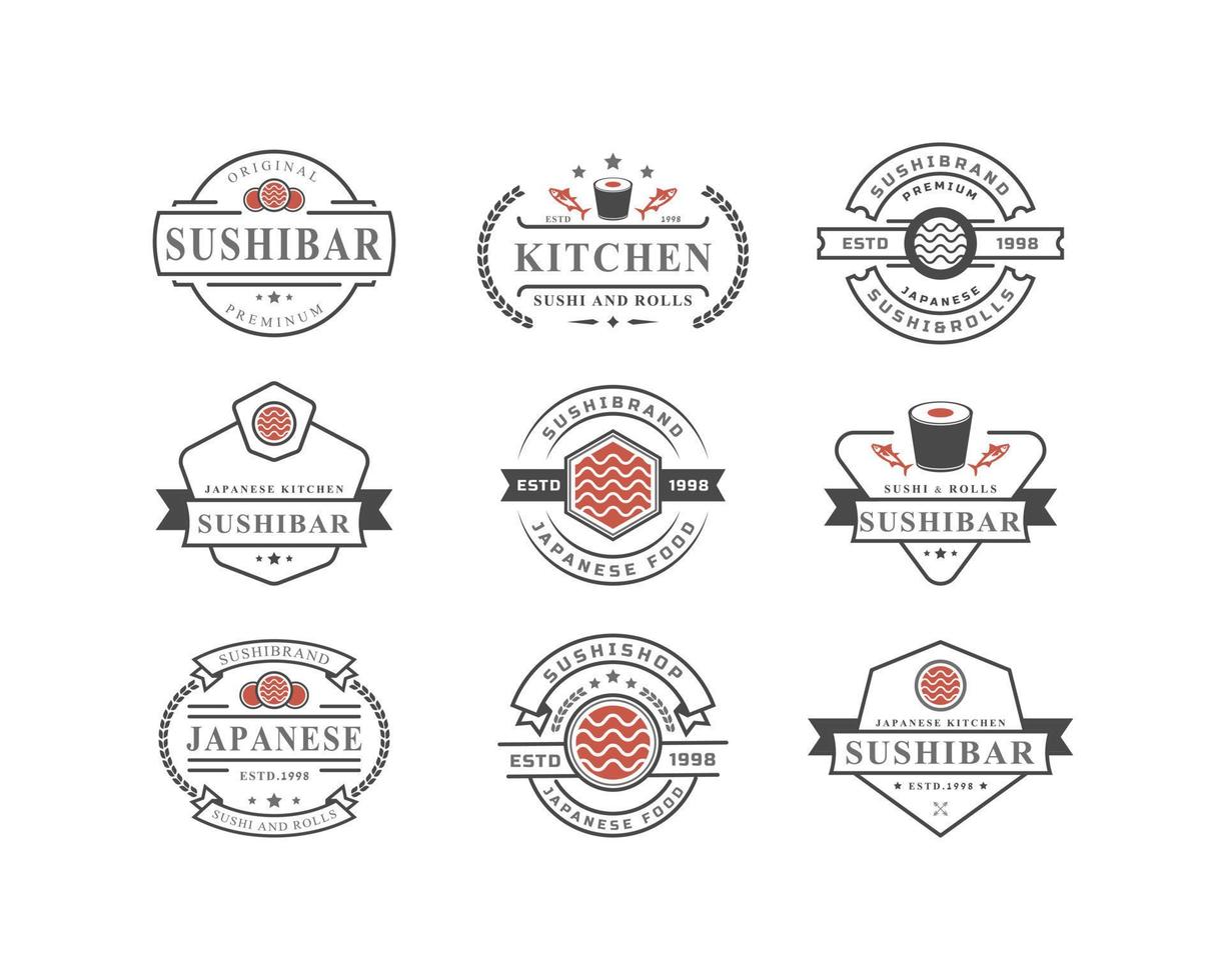 set di loghi del ristorante sushi vintage retrò distintivo cibo giapponese con sagome di involtini di salmone sushi vettore