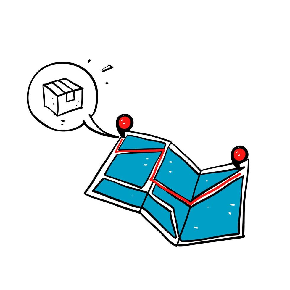 vettore di illustrazione dell'icona di consegna della posizione del pacchetto doodle disegnato a mano