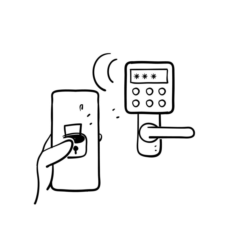 doodle disegnato a mano mobile smart lock porta icona illustrazione vettore isolato