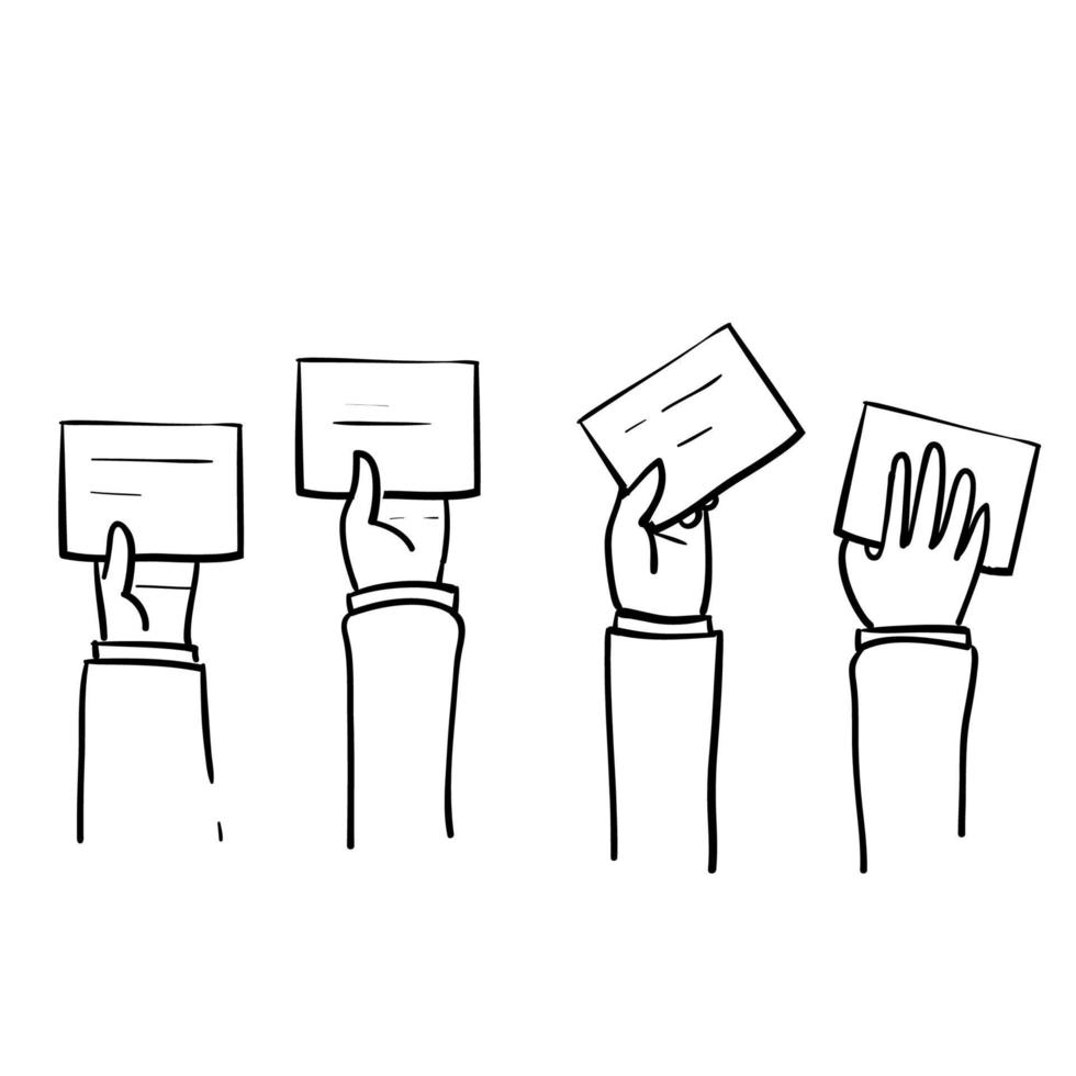 mano di doodle disegnata a mano sollevata con il simbolo della carta o del cartello per il processo di voto, icona dell'offerta vettore