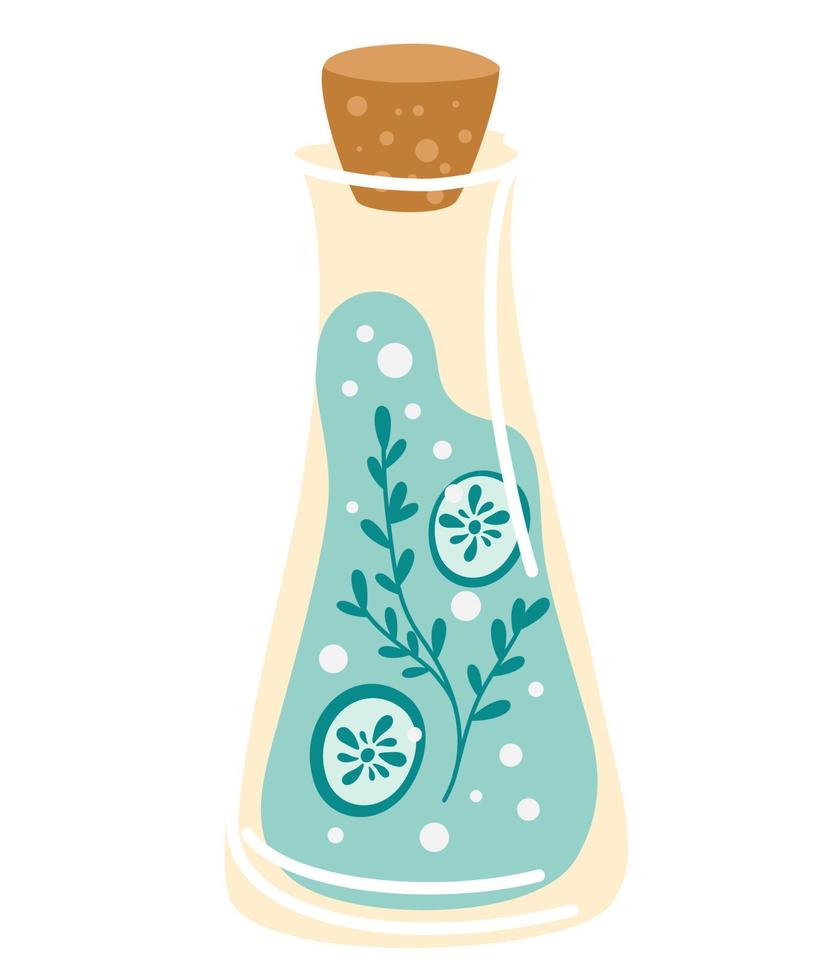 bottiglia d'acqua. bevanda disintossicante di concetto, acqua potabile in un thermos, bottiglia di vetro. acqua ghiacciata. bevanda estiva rinfrescante. stile di vita sano abitudini quotidiane, benessere, rituali mattutini. illustrazione vettoriale