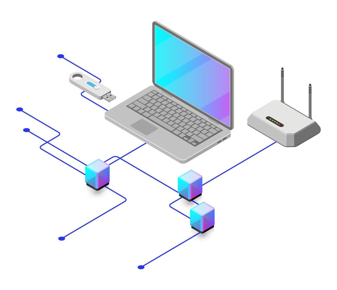 illustrazione isometrica vettoriale. moderne tecnologie digitali, apparecchiature per ufficio vettore