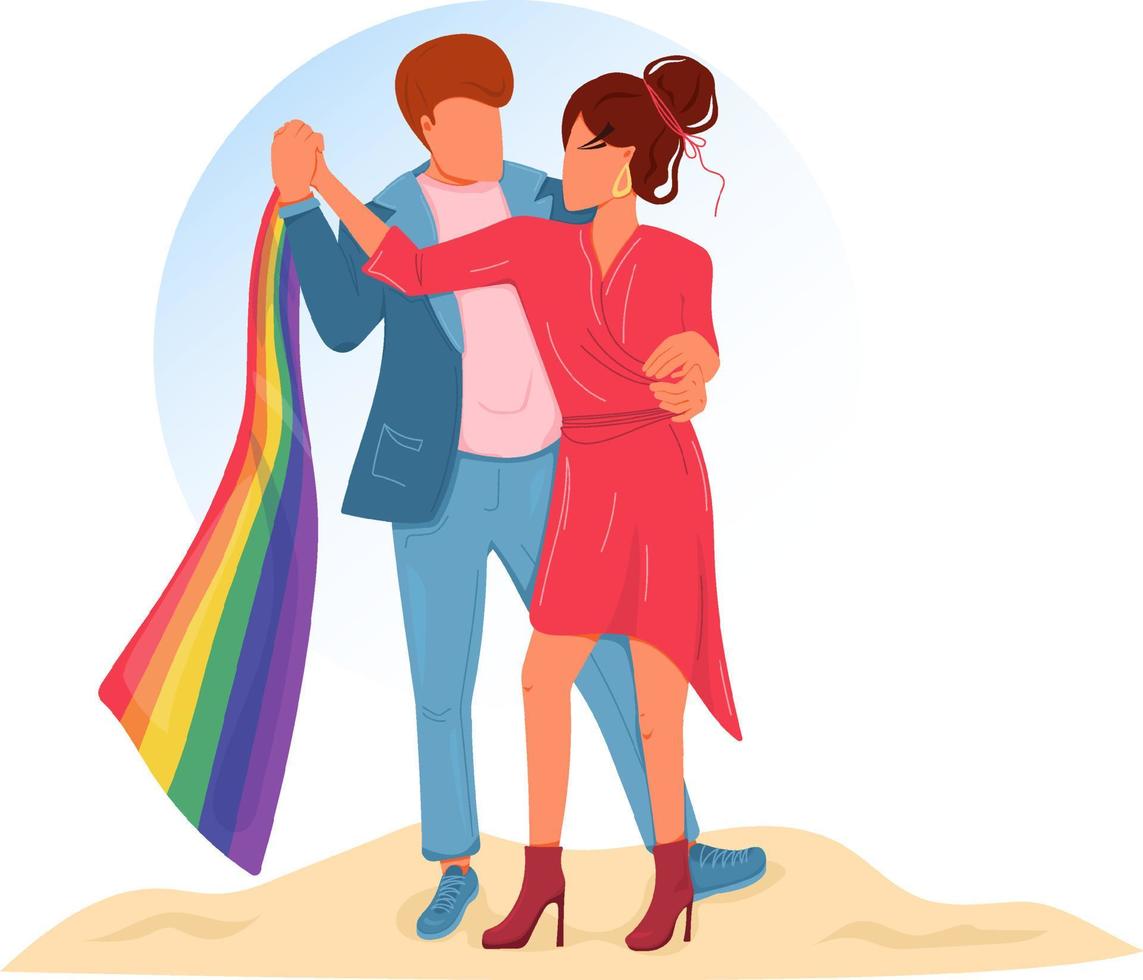 coppia danzante con bandiera arcobaleno celebra il mese dell'orgoglio. le persone lgbtq sono orgogliose della sua identità. illustrazione vettoriale di amore e relazione liberi