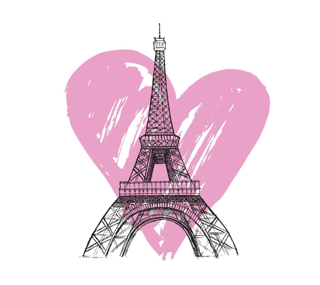 Parigi. torre eiffel disegnata a mano. cuore grunge. vettore