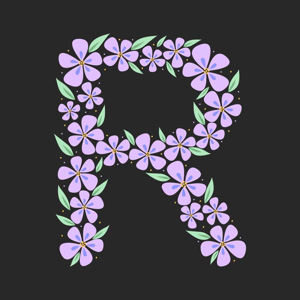 alfabeto botanico floreale. lettera monogramma disegnata a mano vintage r. lettera con piante e fiori. scritte vettoriali isolate su bianco