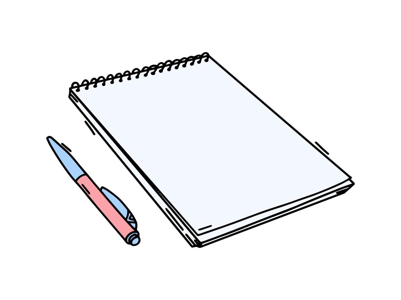 icone del blocco note e della penna. delineato su sfondo bianco. vettore