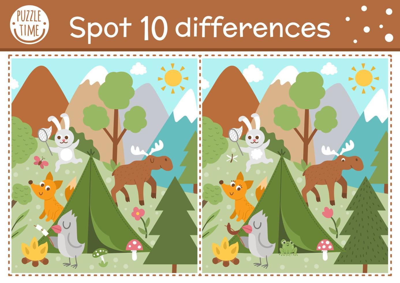 trova il gioco delle differenze per i bambini. attività educativa nei boschi con divertente scena di campeggio. foglio di lavoro stampabile con simpatici animali allo stato brado. puzzle di natura estiva per bambini. foglio prescolare forestale vettore