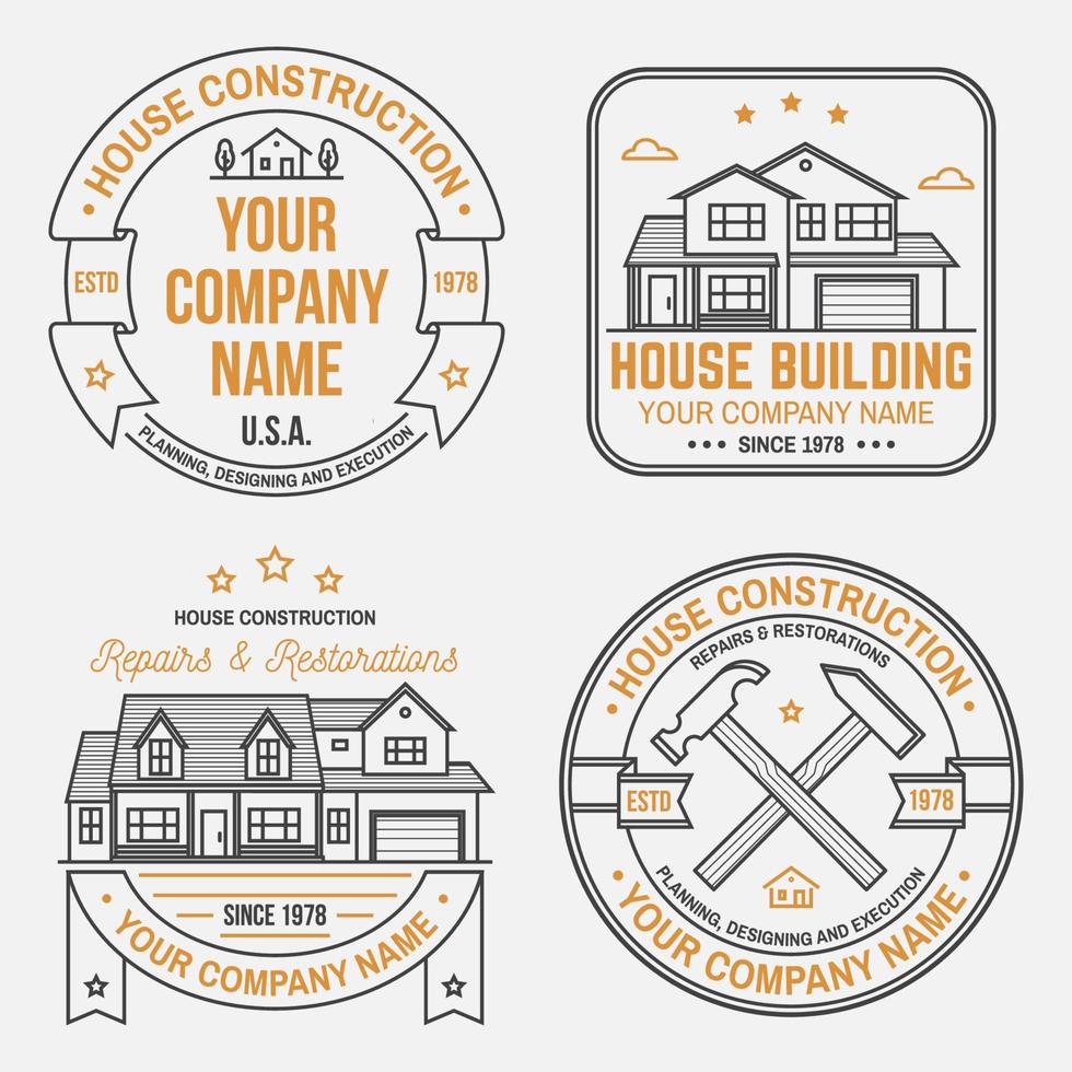 insieme di identità di società di costruzioni di case con casa americana suburbana. illustrazione vettoriale. badge a linea sottile, segno per attività legate a società immobiliari, edili e di costruzione. vettore