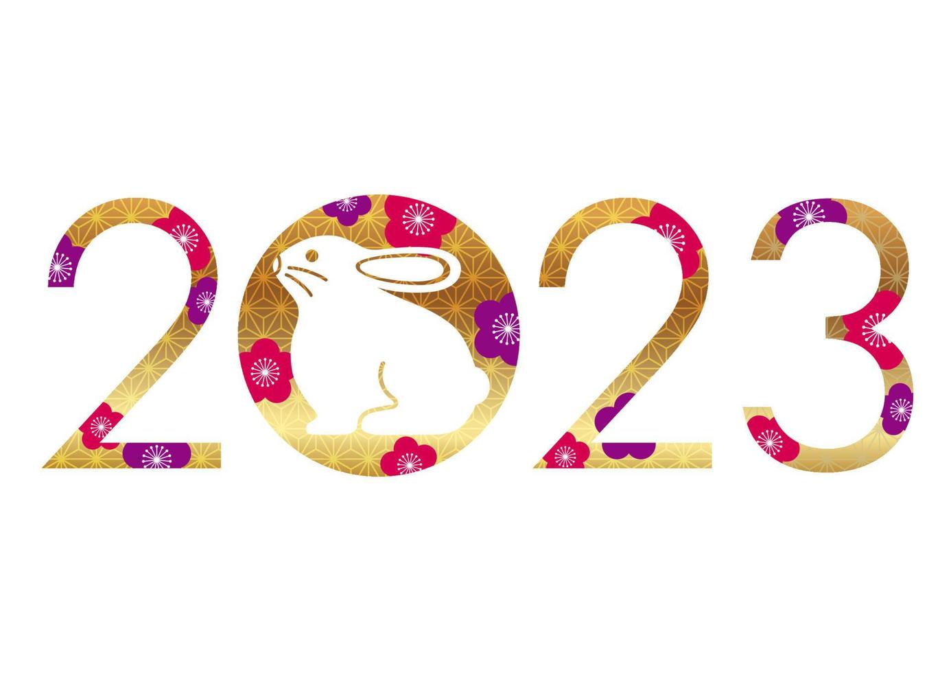 l'anno 2023, l'anno del coniglio, simbolo di saluto con una mascotte di coniglio decorata con motivi vintage giapponesi. vettore