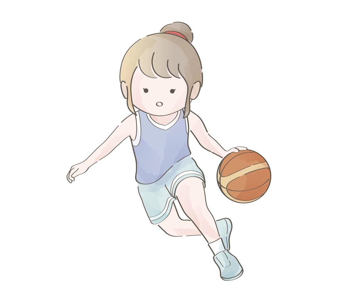 ragazza carina dell'acquerello che gioca a basket. illustrazione vettoriale isolato su uno sfondo bianco.