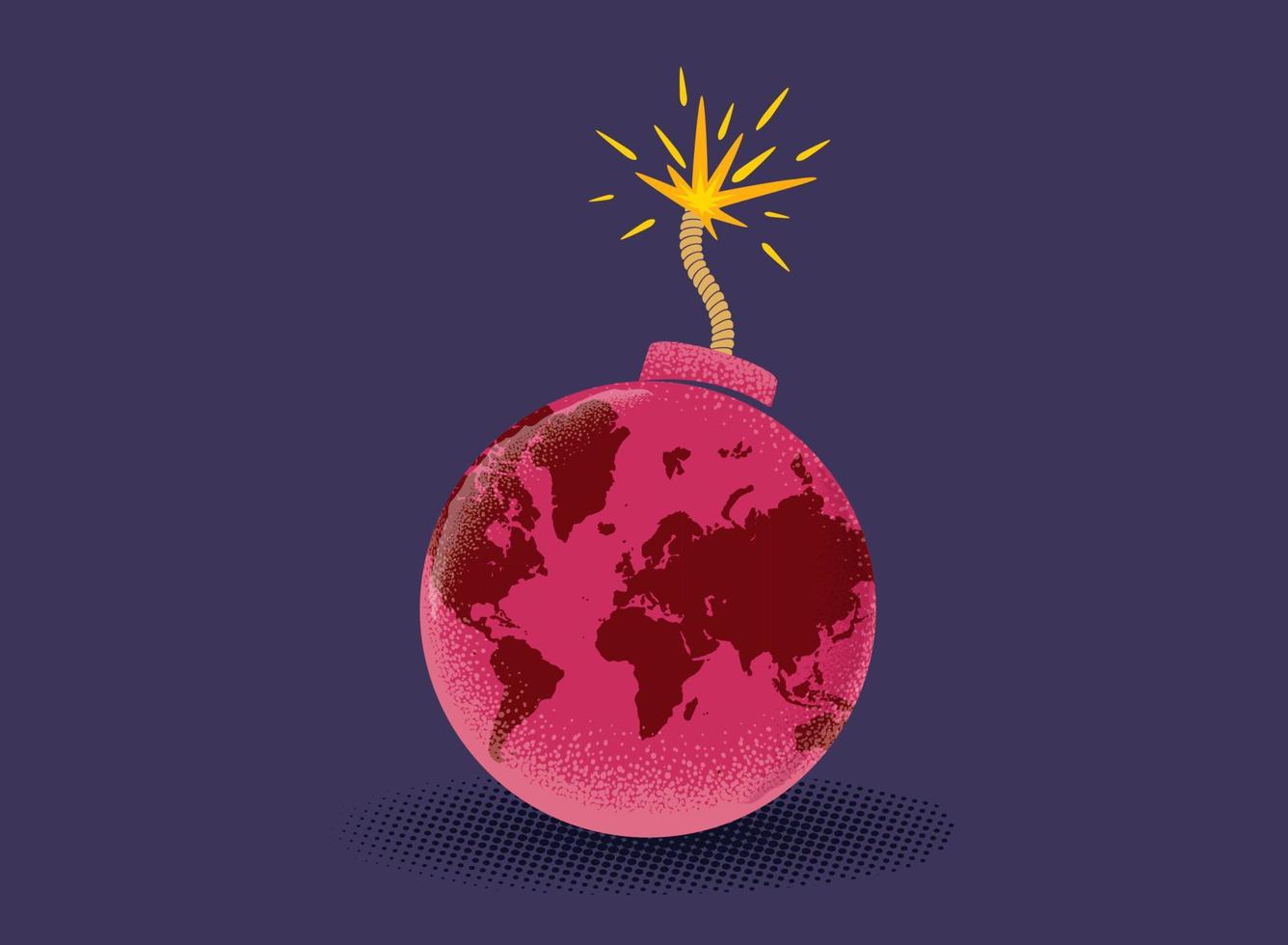 poster vintage vettoriale di una bomba con mappa del mondo. terra come una bomba. crisi mondiale