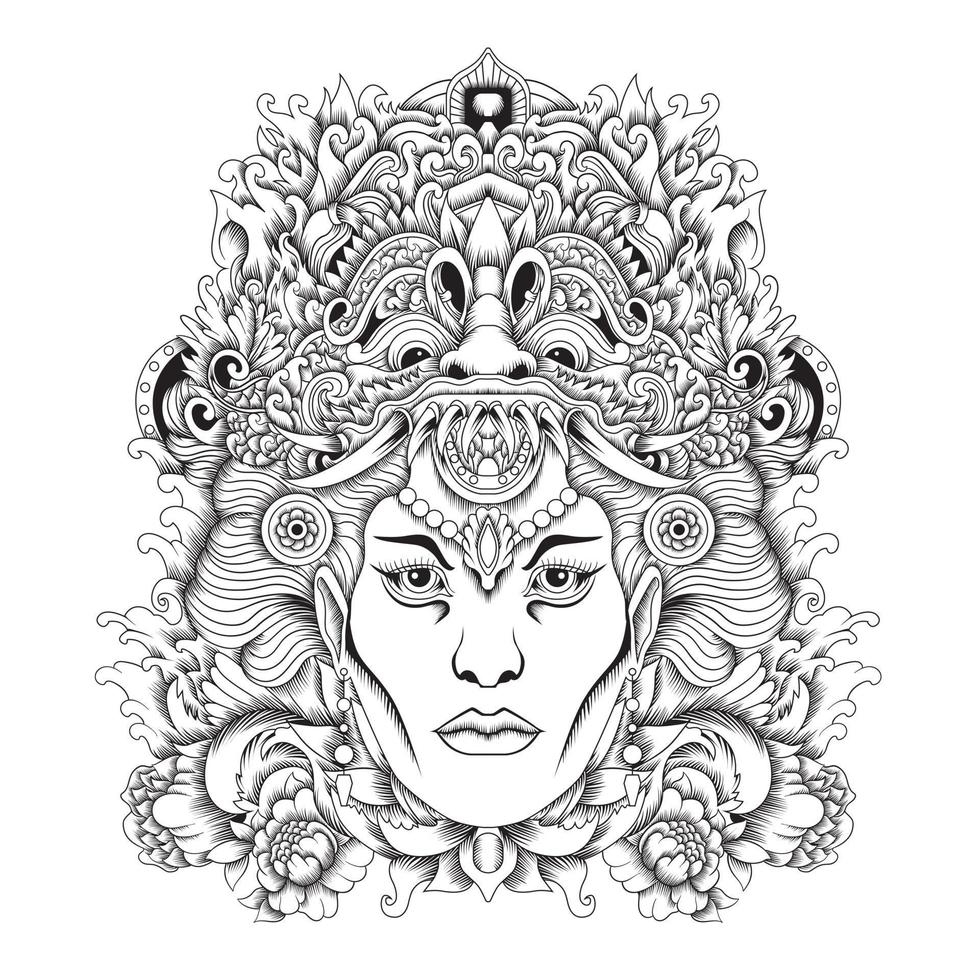 maschera barong con illustrazione vettoriale ragazza balinese