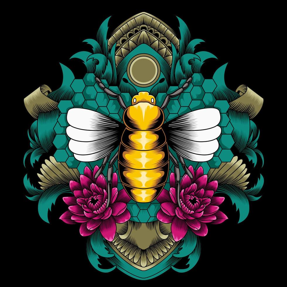 ape con fiore di loto e vettore di ornamento