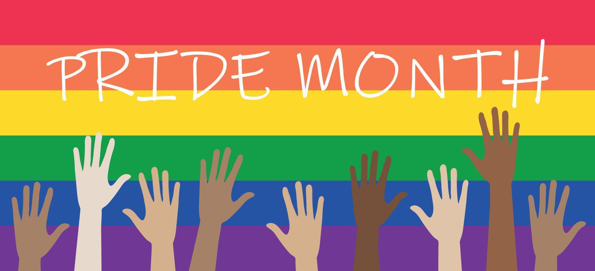 felice mese dell'orgoglio, lgbt. mani multirazziali su uno sfondo con una bandiera arcobaleno. illustrazione vettoriale. vettore