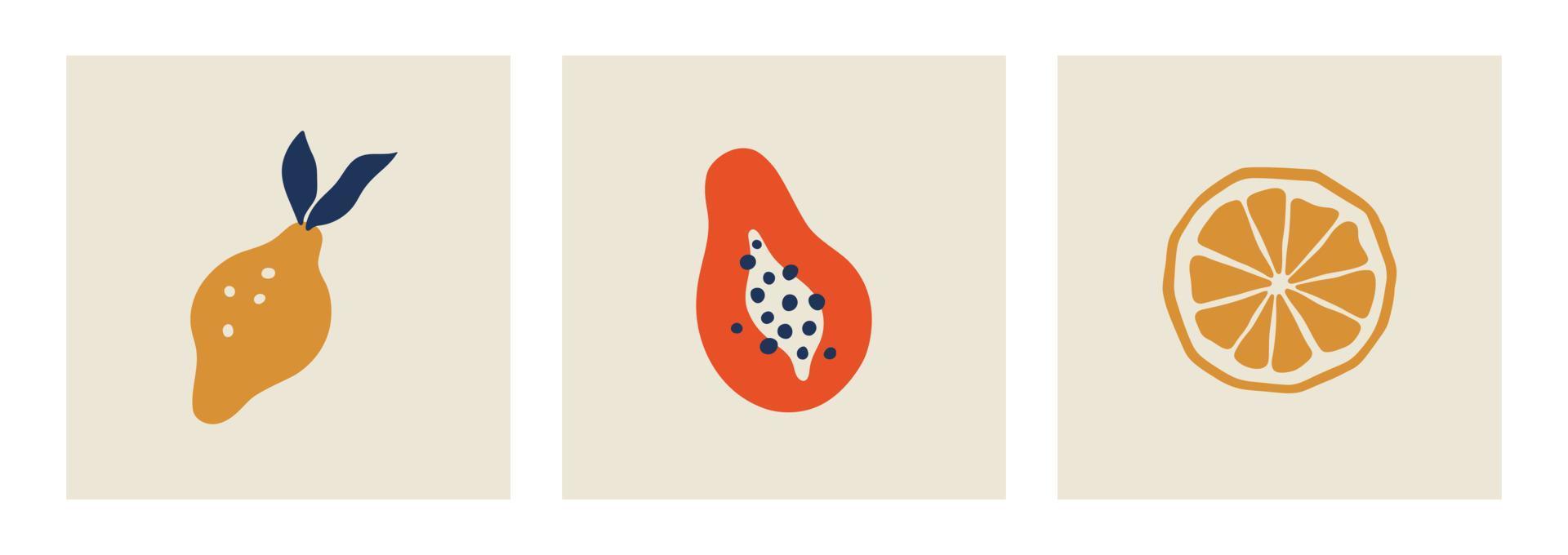 Matisse astratto di limone e papaia. stampa d'arte contemporanea. collezione di arte minimalista. poster con gocce di frutta biologica. illustrazione vettoriale isolata.