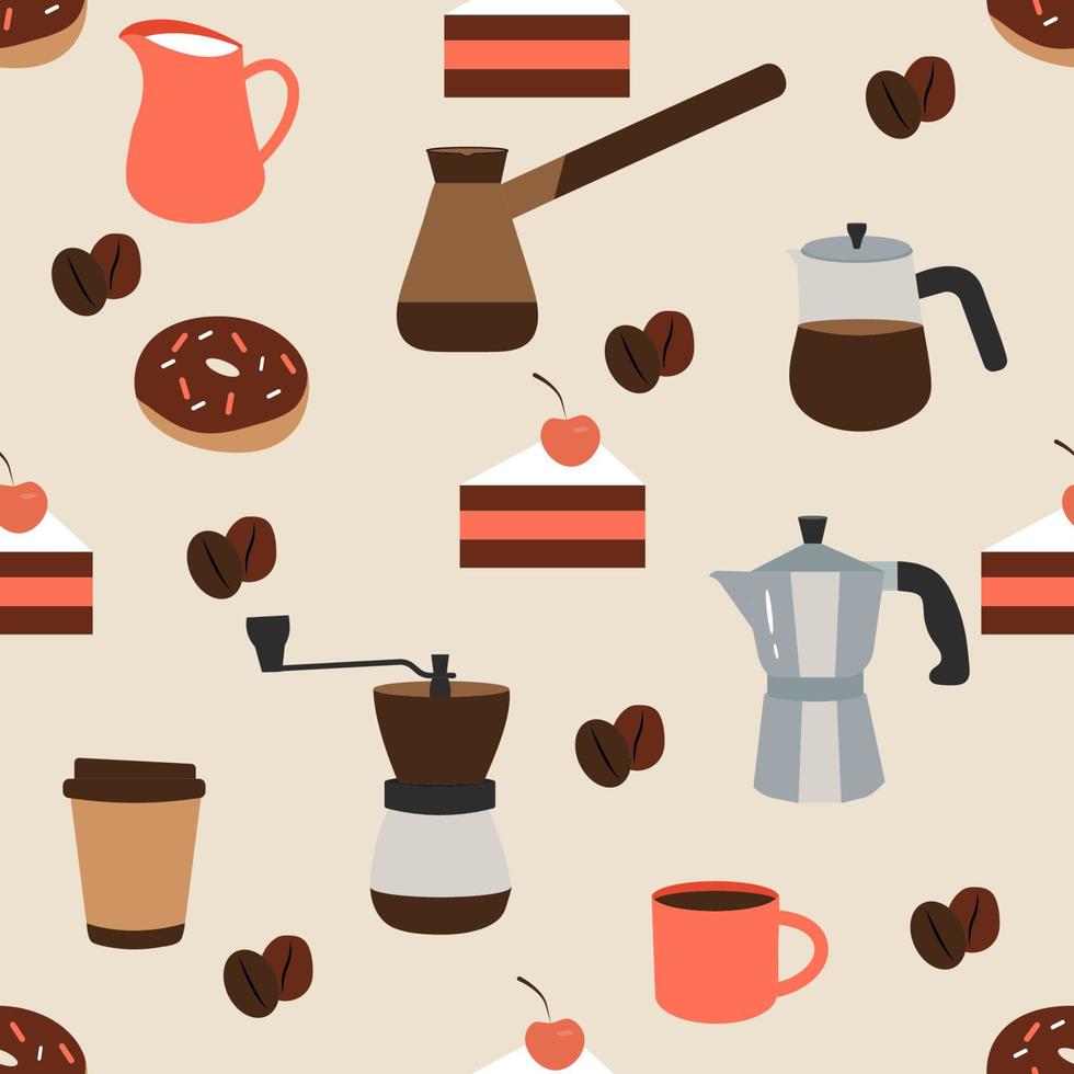 modello di caffè senza soluzione di continuità. caffè elements.vector illustrazione in stile piatto vettore