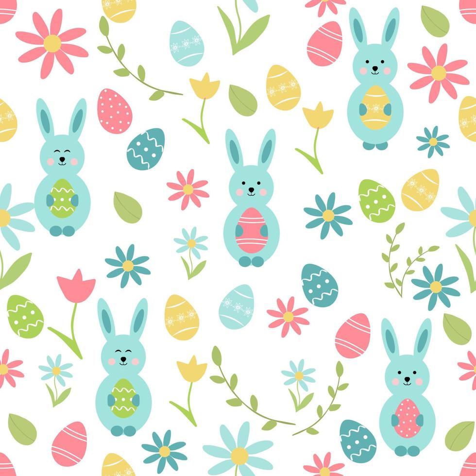 modello senza cuciture di primavera di Pasqua con simpatici coniglietti, fiori e uova decorate. elementi dei cartoni animati piatti disegnati a mano. illustrazione vettoriale