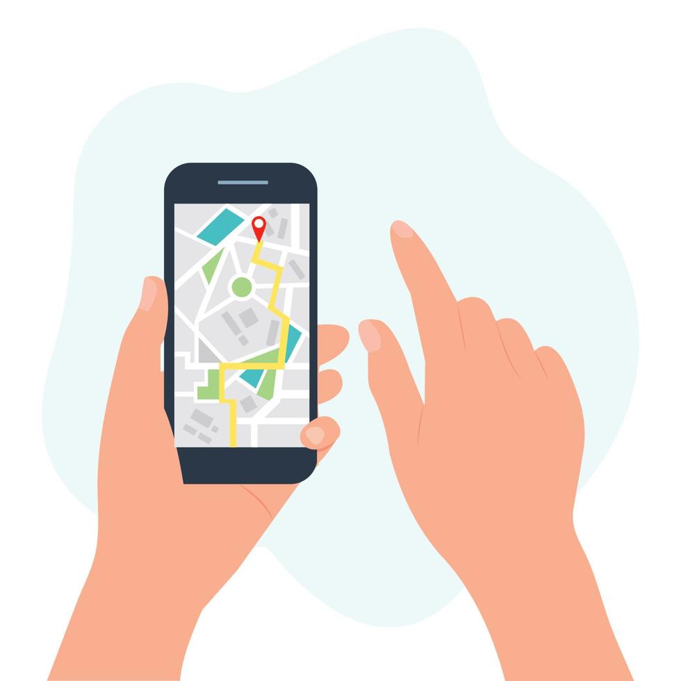 navigazione gps mobile e concetto di tracciamento app tracker posizione su smartphone touch screen illustrazione piatta vettoriale di una mano umana che tiene uno smartphone con un'app mappa funzionante