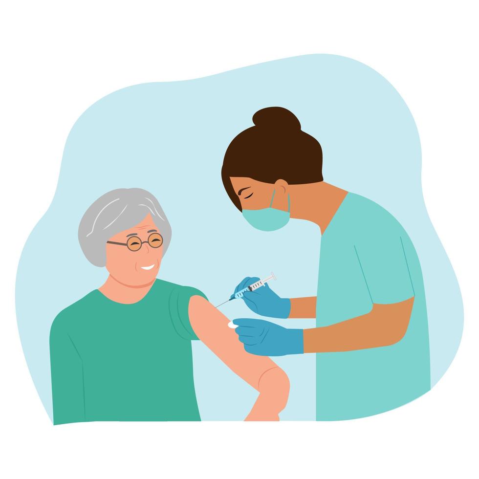 medico che indossa maschera e guanti presso la clinica che somministra a una donna un vaccino contro il coronavirus, illustrazione concettuale dell'immunità. vaccinazione per adulti, anziani. illustrazione piatta. vettore