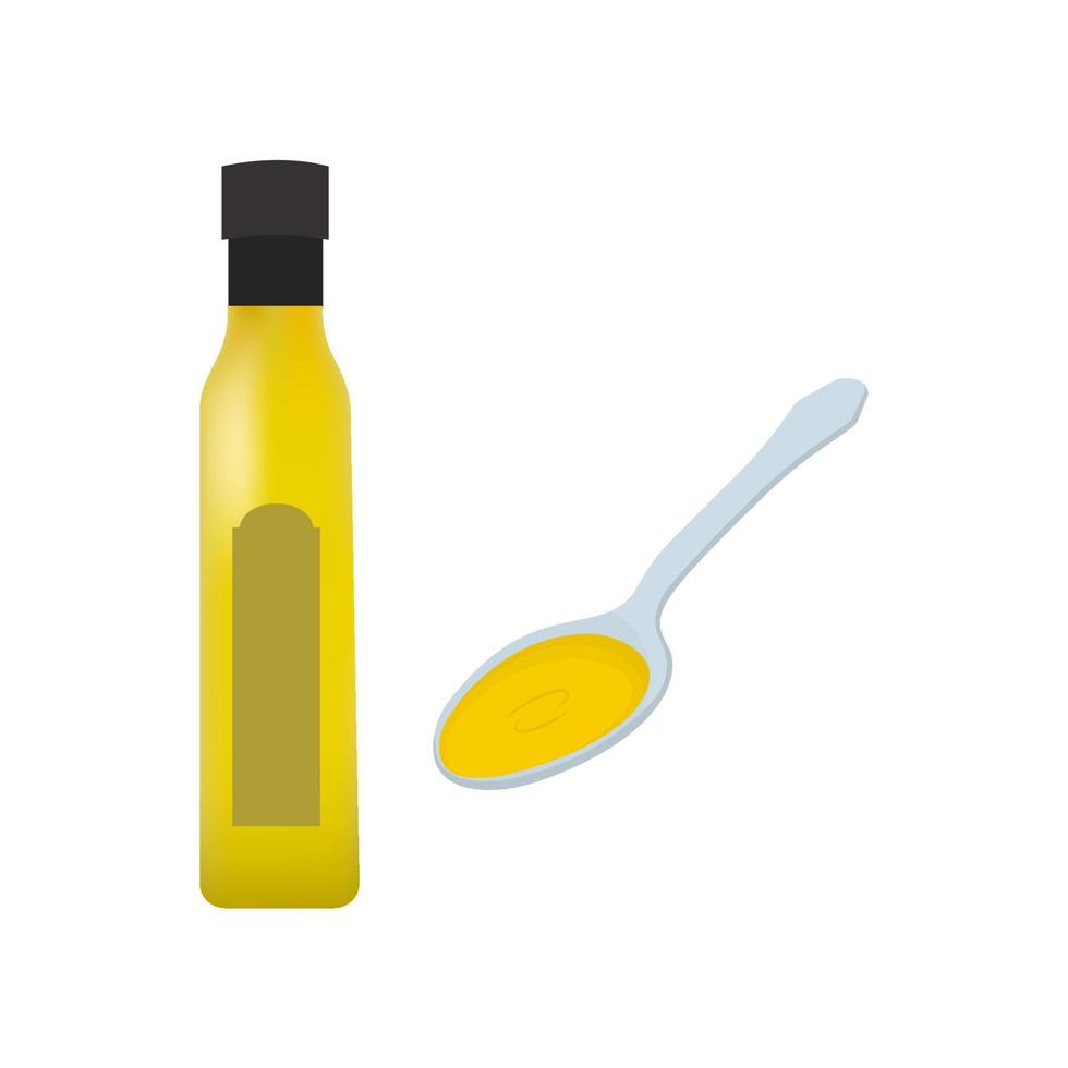 bottiglia di vetro di olio d'oliva con un cucchiaio di olio d'oliva. Illustrazione vettoriale su sfondo bianco.