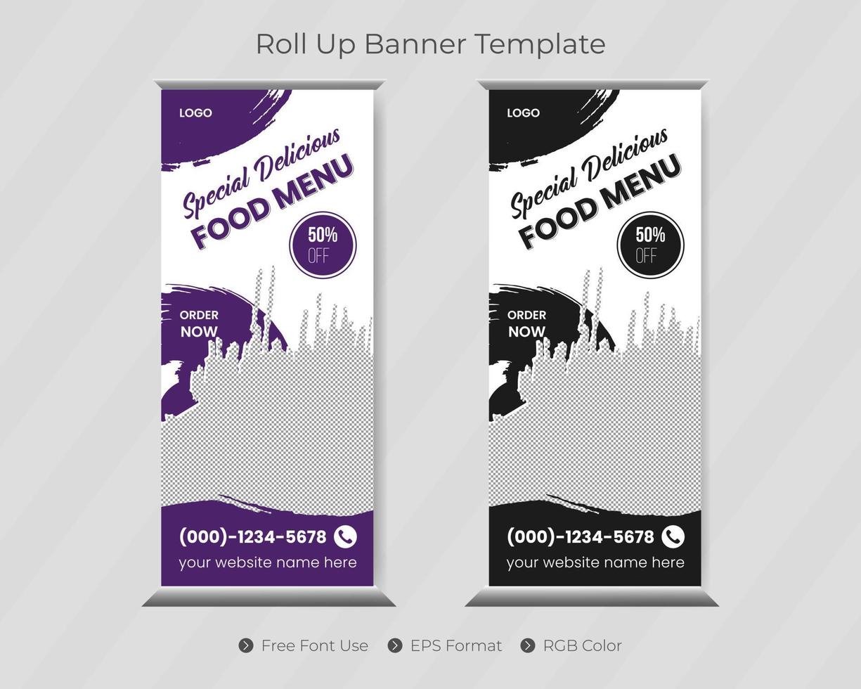 modello di banner roll up ristorante e cibo con design pull up di segnaletica vettore