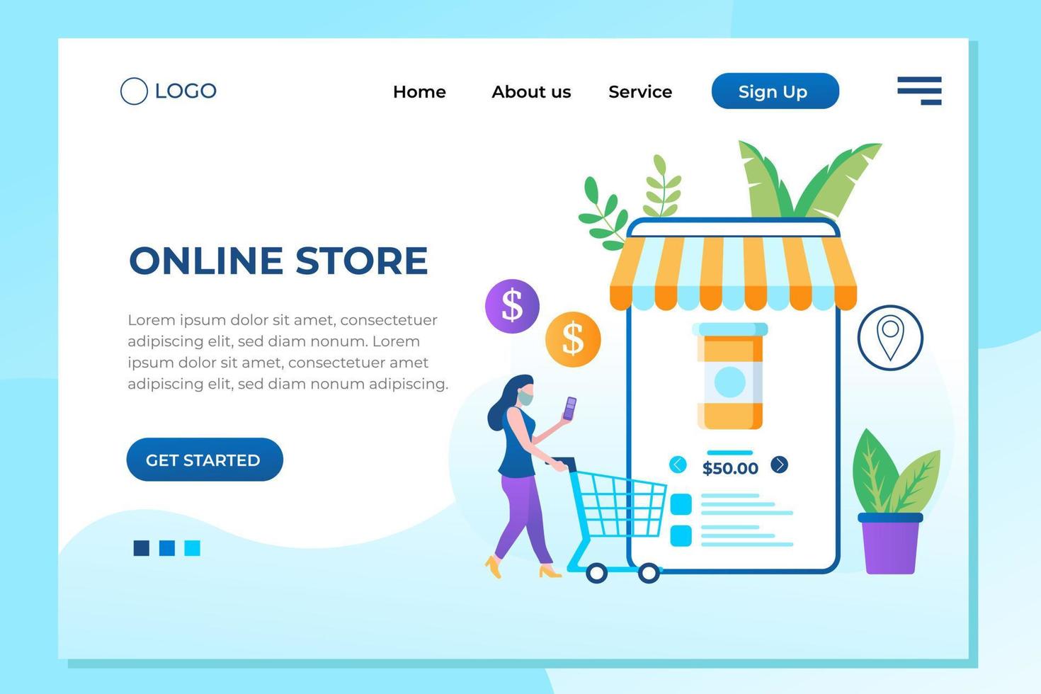 e-shop, concetto di shopping con personaggi. pagamento alla cassa commerciale, vendita al dettaglio di e-commerce sul dispositivo per l'applicazione del cliente. sconto per acquisti intelligenti da donna. illustrazione vettoriale piatta