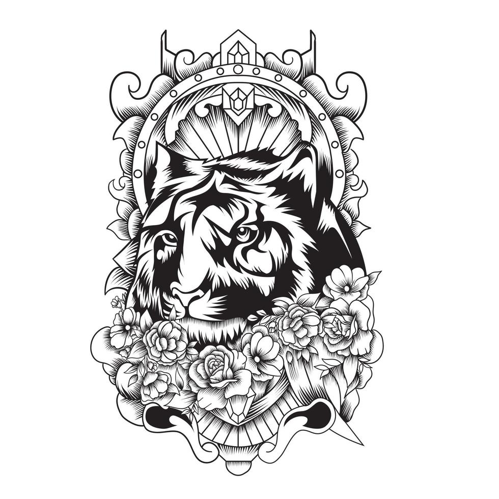 testa di tigre con rose e illustrazione vettoriale ornamento