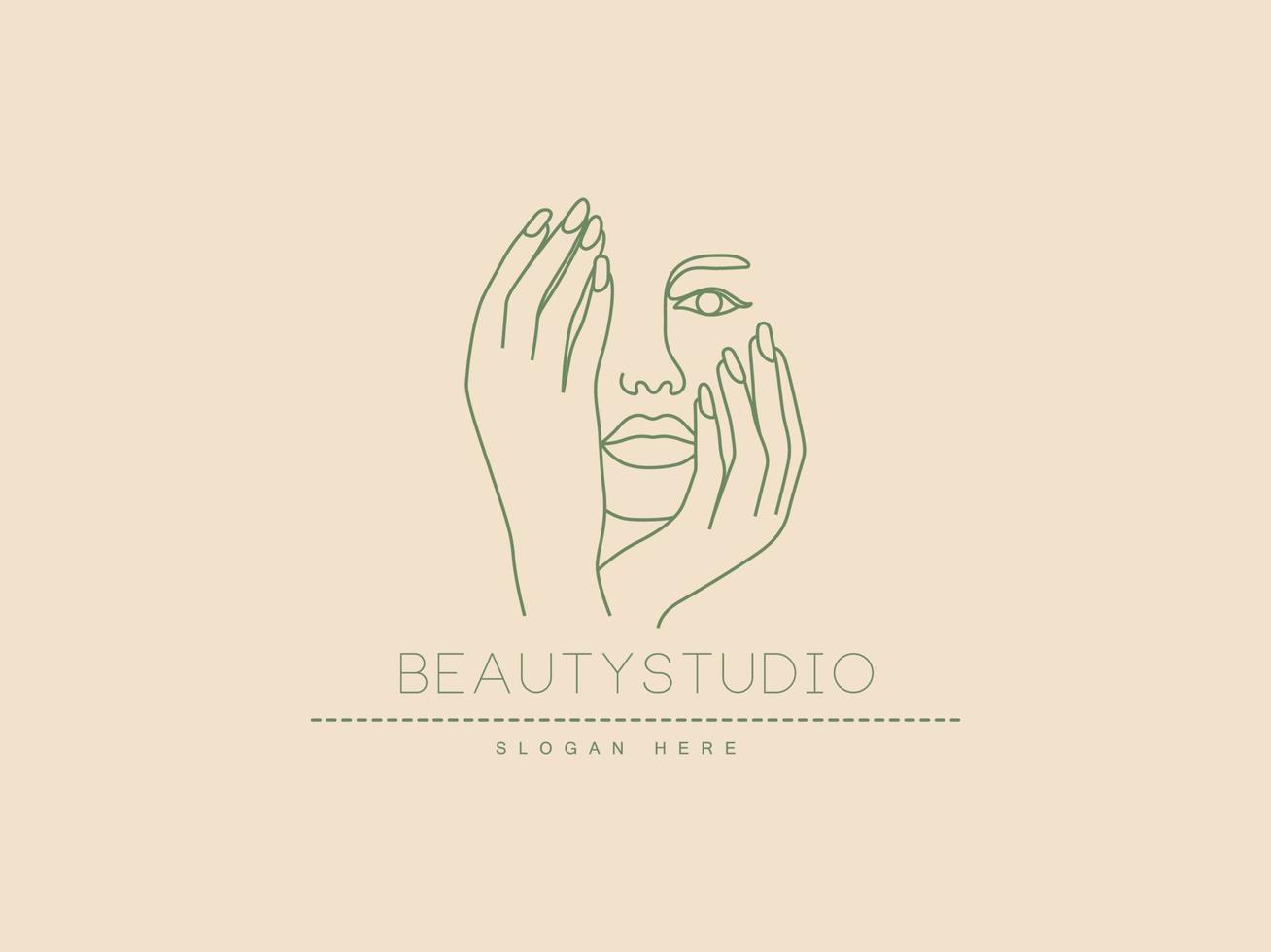 primo piano bellezza viso di moda ragazza con tenere la mano vicino alla bocca skincare linea femminile arte logo design vettore