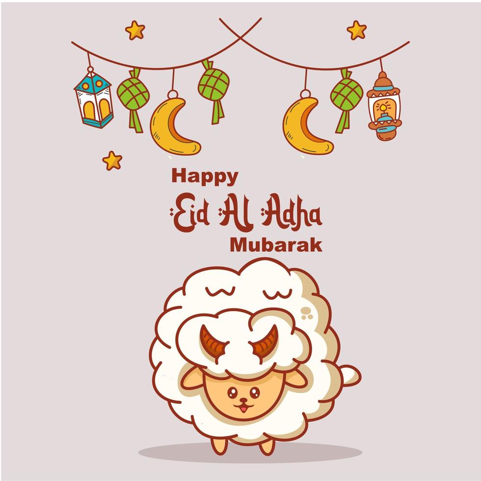 felice eid al adha mubarak con lanterna e pecore carine vettore