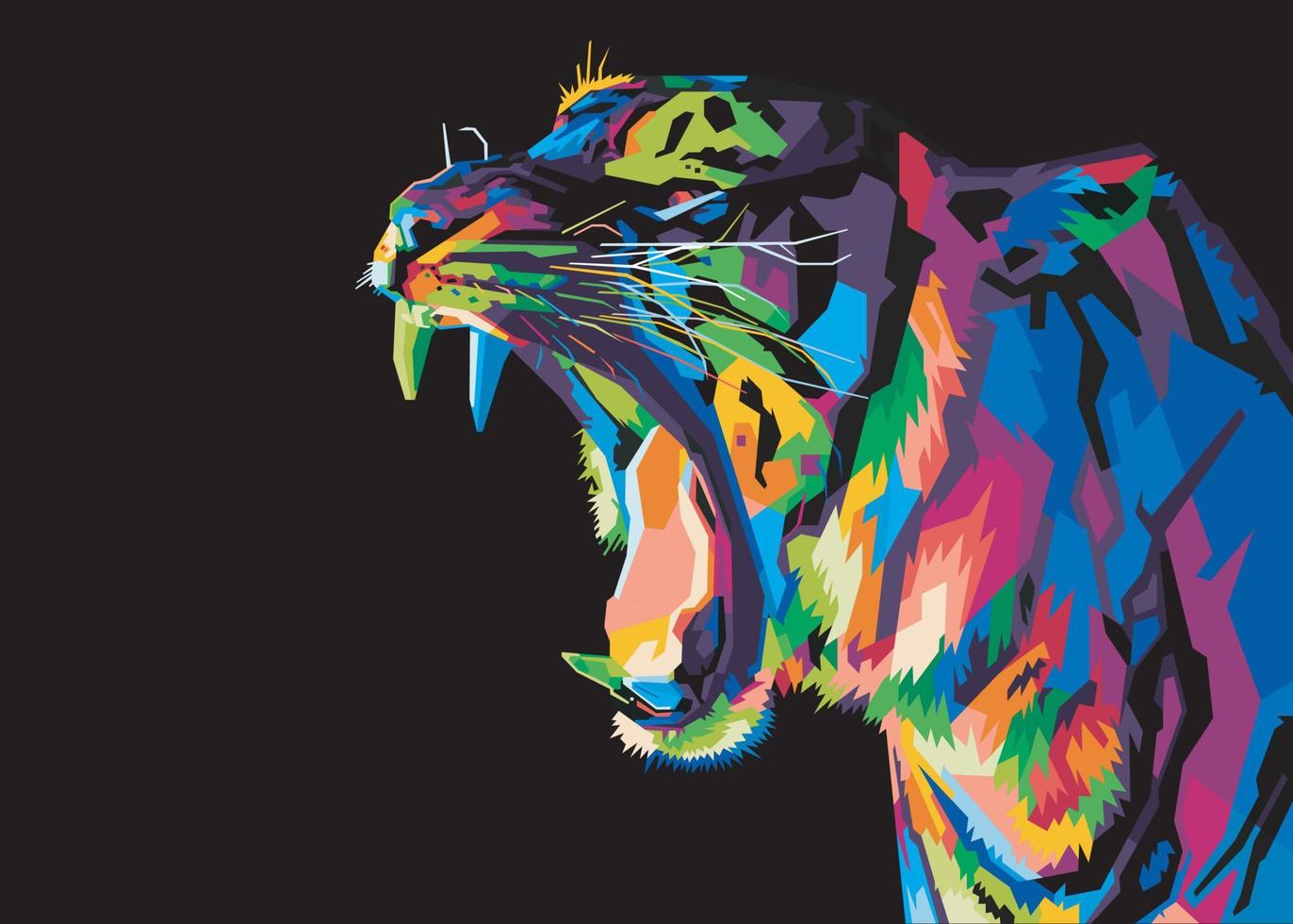testa di tigre colorata in stile pop art isolata con sfondo nero vettore