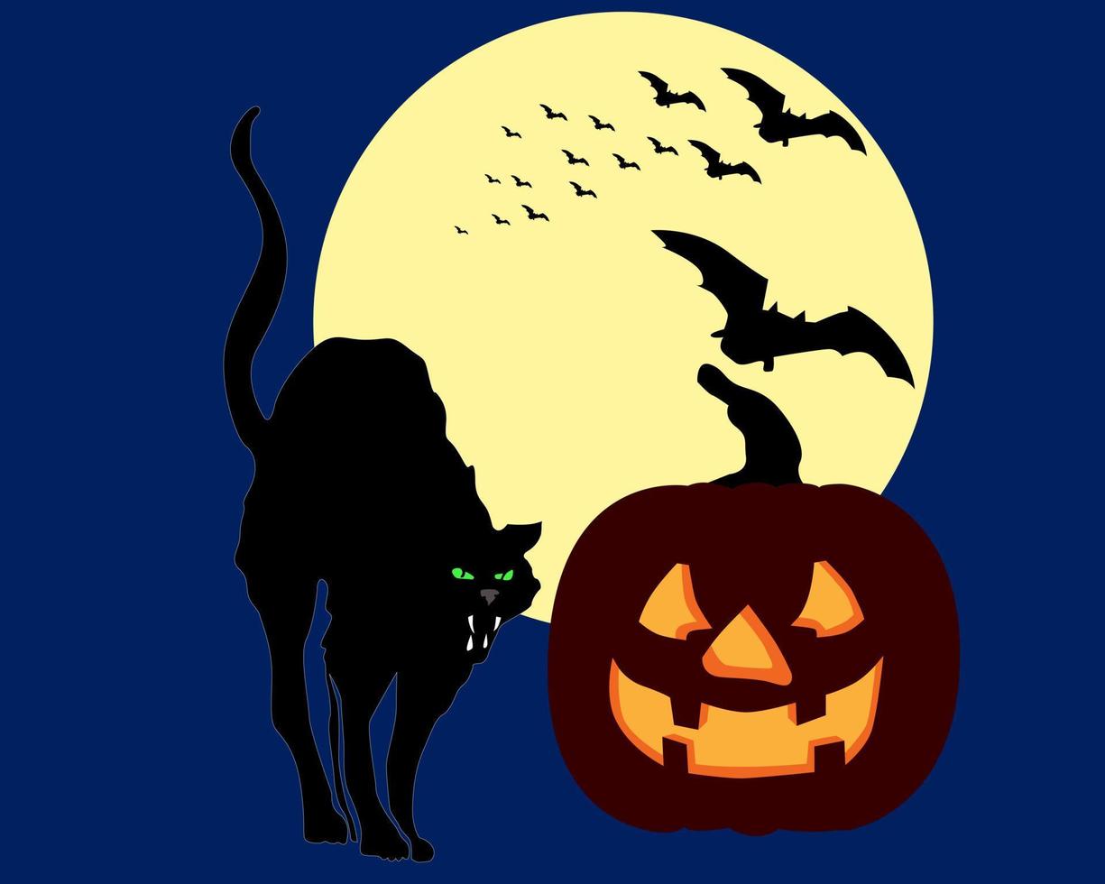 zucca di Halloween e gatto su sfondo nero vettore