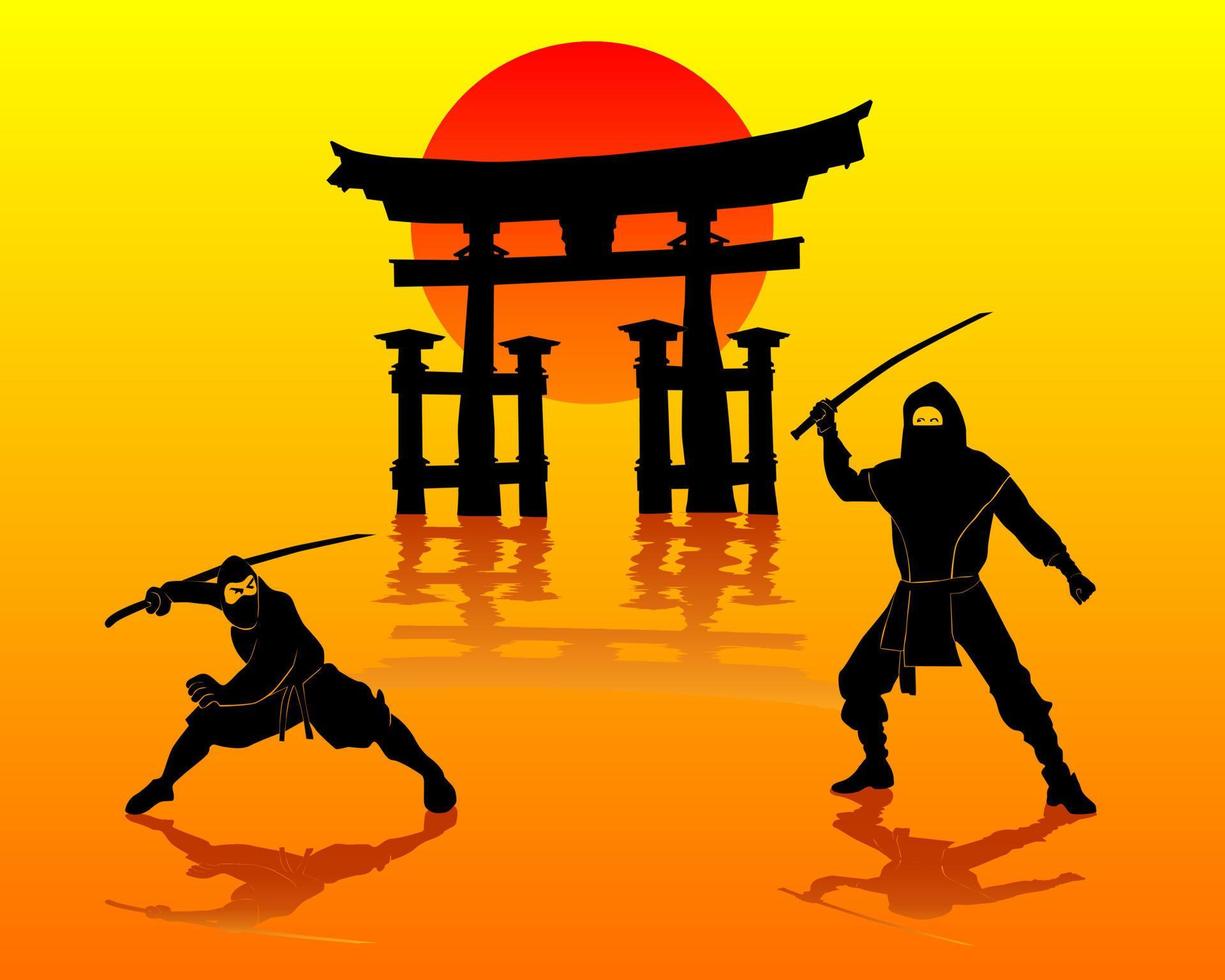 due ninja che combattono contro itsukushima vettore