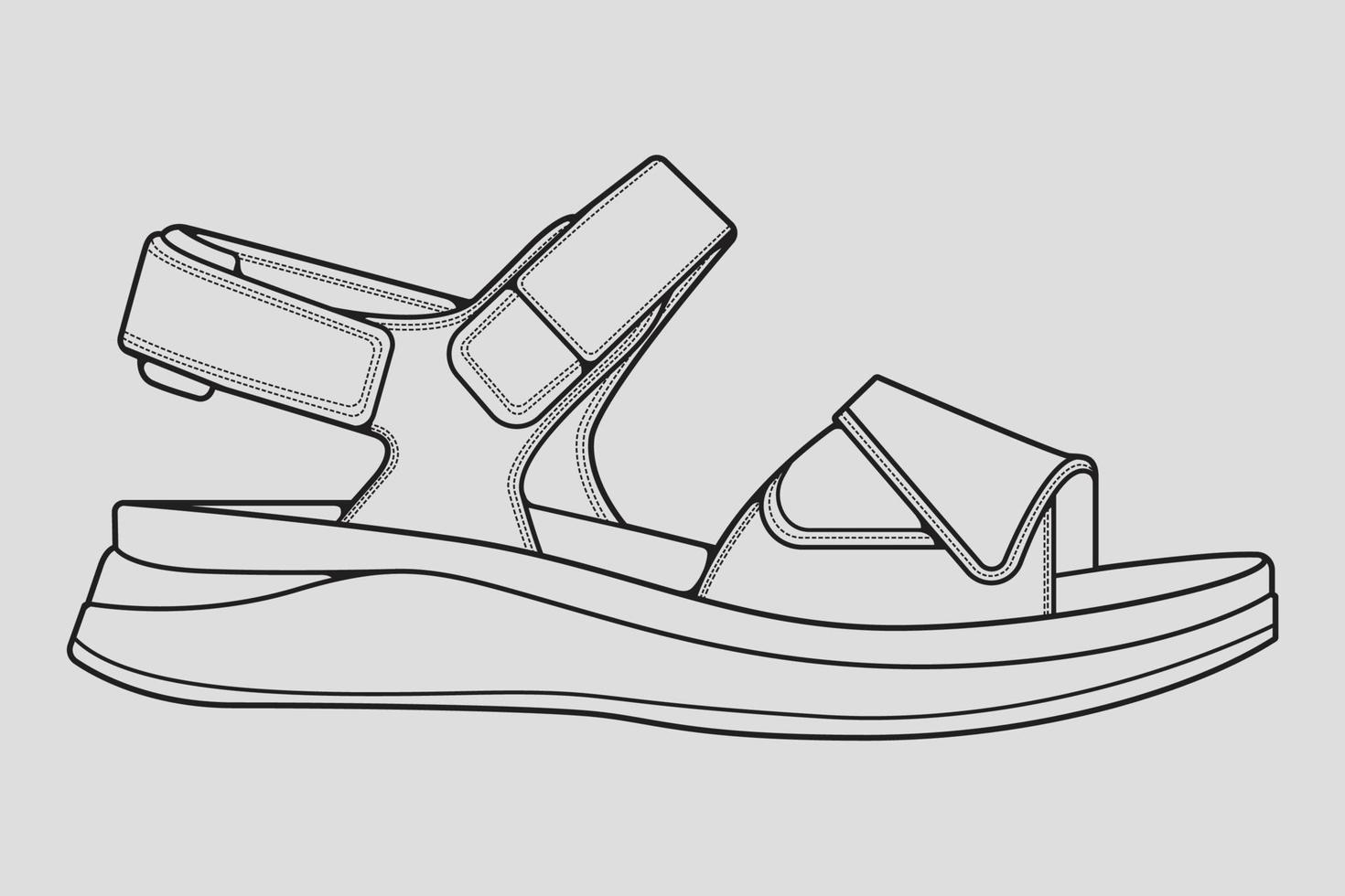 vettore di disegno del profilo dei sandali con cinturino, sandali con cinturino in uno stile di schizzo, profilo del modello di scarpe da ginnastica, illustrazione vettoriale.
