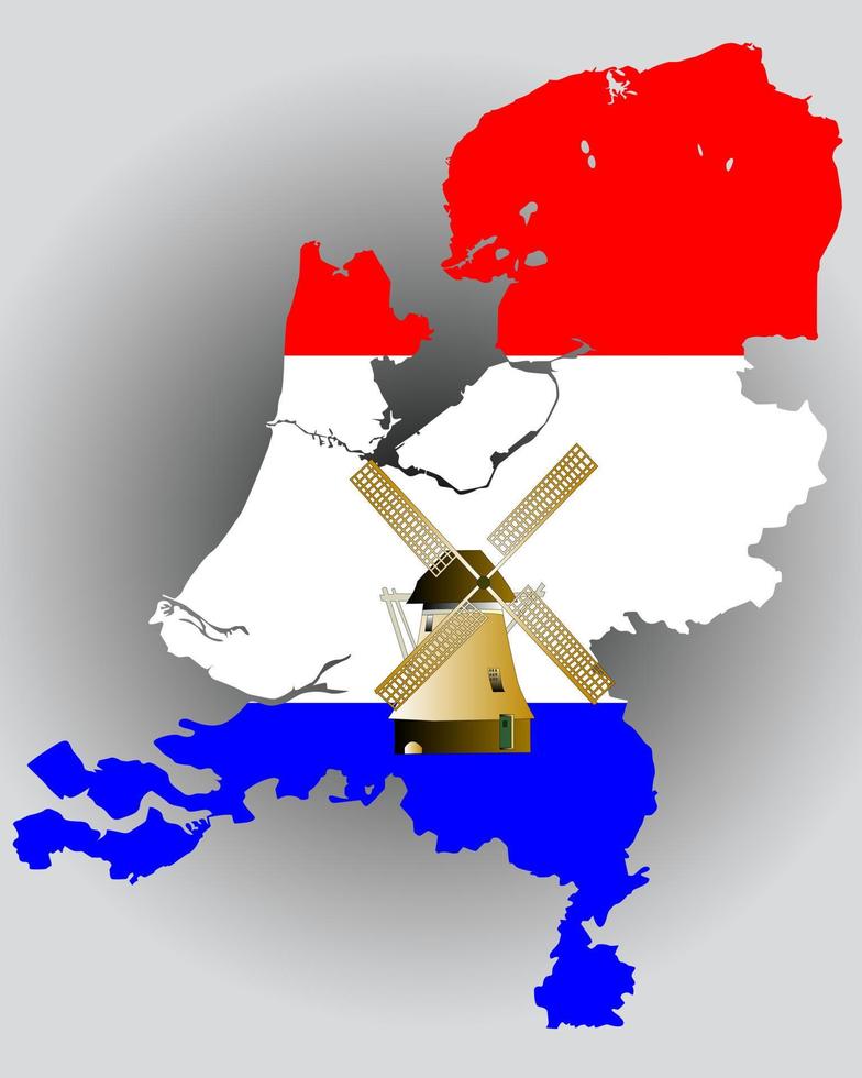 mappa dell'Olanda nei colori della bandiera con un mulino a vento vettore