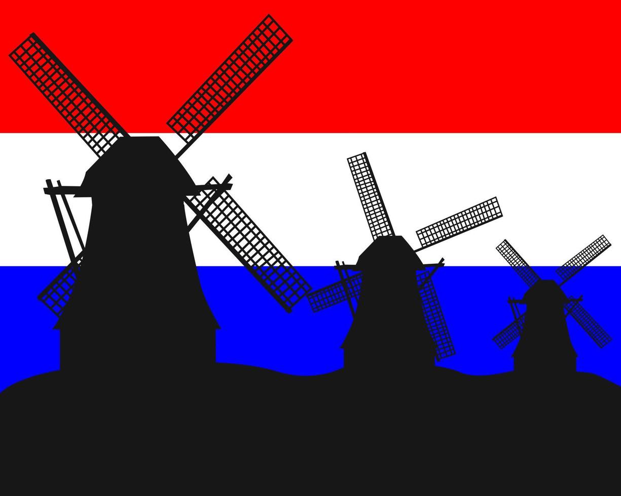 sagome di mulini a vento sullo sfondo della bandiera olandese vettore