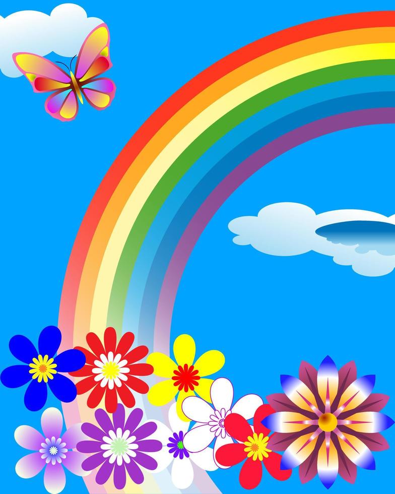 arcobaleno con fiori e la farfalla vettore