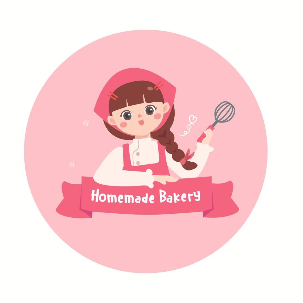 simpatico chef in uniforme rosa. concetto di panetteria fatto in casa.illustrazione vettoriale di design piatto per logo da forno design.logo elementi.capelli in treccia chef.indossare arpon e uniforme da chef.etichetta dessert dolce.