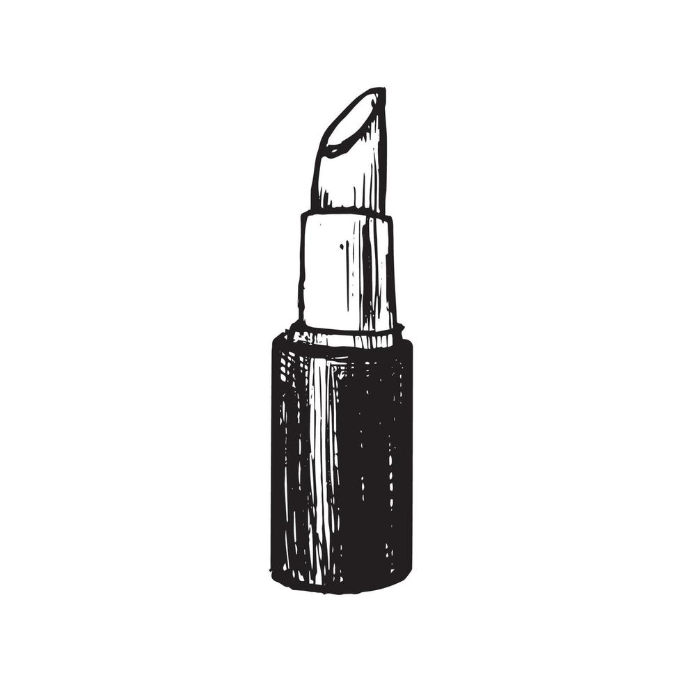 illustrazione monocromatica disegnata a mano di vettore del trucco cosmetico schizzo di rossetto isolato su priorità bassa bianca. concetto di design per etichetta di cosmetici, viso, trucco