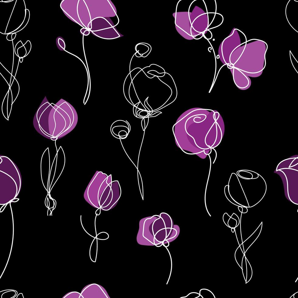 fiori di arte astratta seamless pattern.seamless botanico background.great disegno vettoriale per carta da parati, imballaggio ecc.line art fiori su sfondo nero