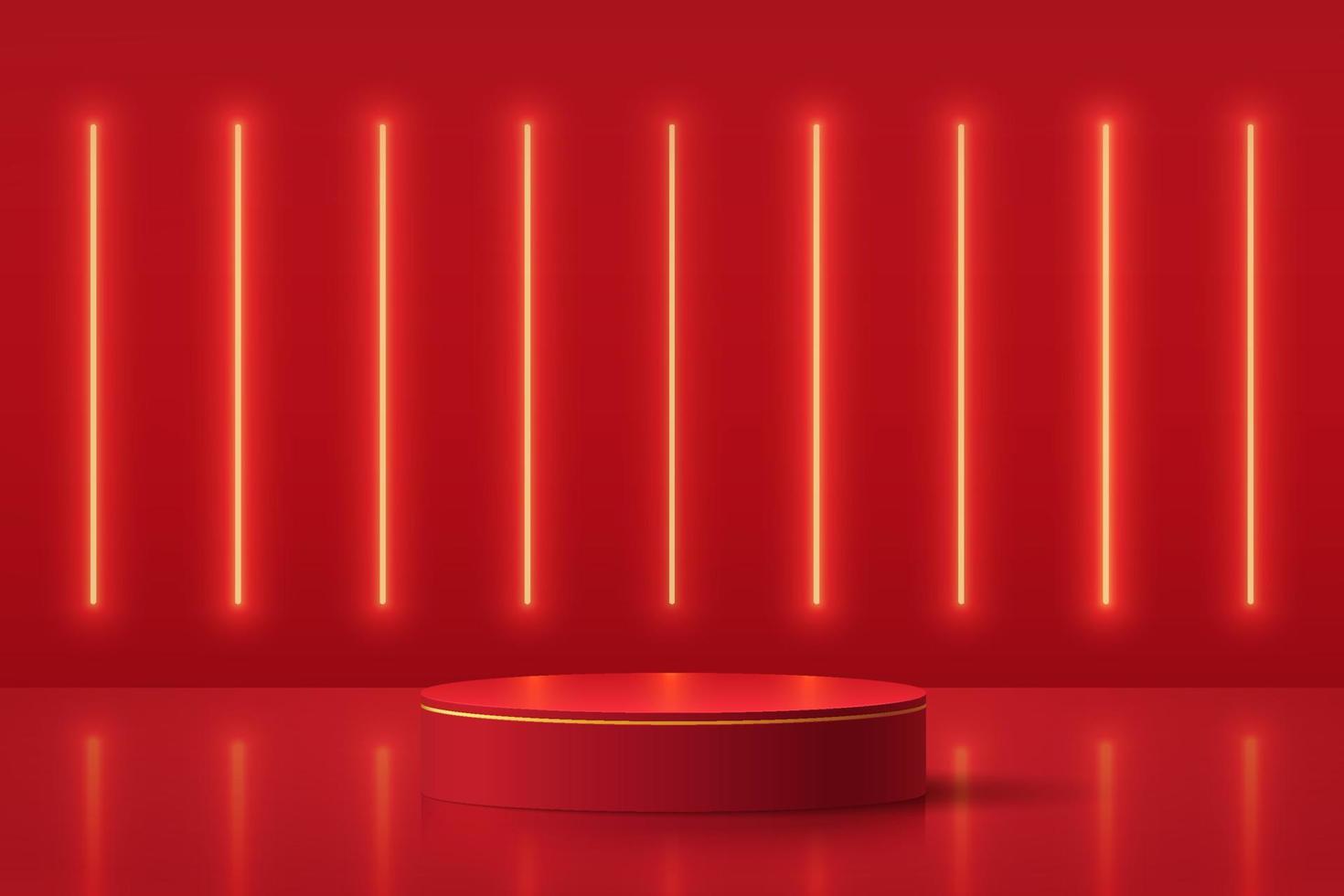 realistico podio con piedistallo cilindro 3d rosso scuro con scena di lampade al neon verticali luminose. scena minima per vetrina prodotti, esposizione promozionale. forme geometriche della stanza astratta. concetto di felice giorno della lanterna. vettore