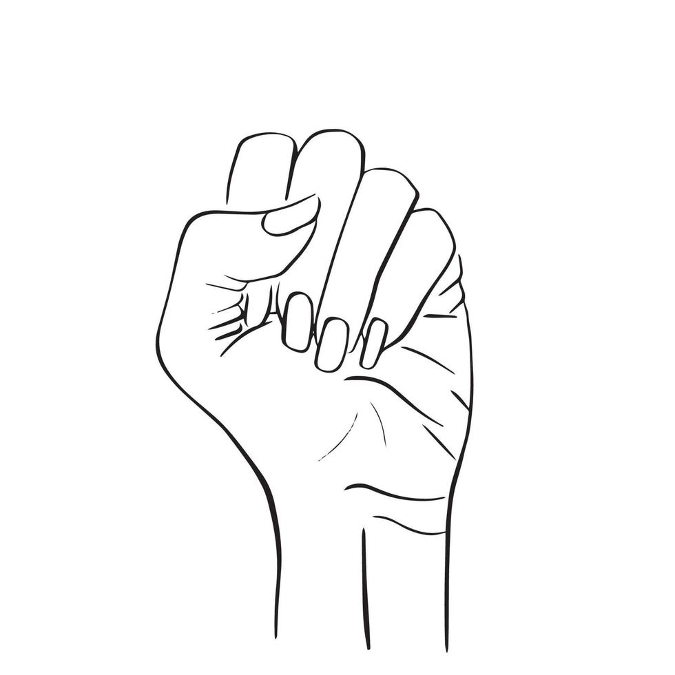 rivoluzione femminile, sciopero, protesta. ragazza mano con i pugni chiusi. illustrazione di stock vettoriale disegnata a mano isolata su sfondo bianco. schizzo di linea. le donne resistono, simbolo del femminismo.