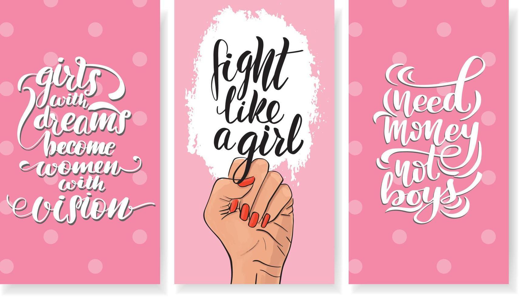 femminismo, concetto di potere delle ragazze. rivoluzione femminile, sciopero, protesta. modelli di illustrazione stock vettoriale con design lettering per carta, volantino poster, badge banner, cartolina, maglietta, stampa.