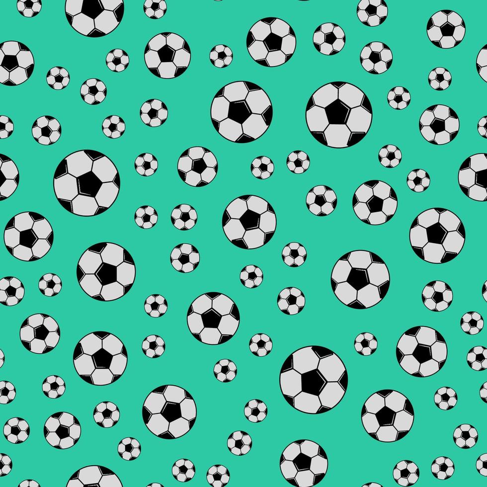 palloni da calcio in bianco e nero su sfondo verde. modello senza cuciture di calcio. illustrazione vettoriale di sport del fumetto. modello di progettazione facile da modificare per le tue opere.