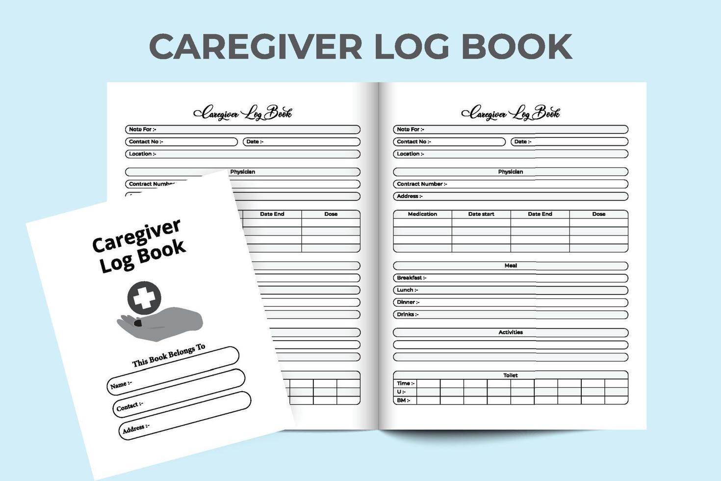 interno del diario del caregiver. interno del tracker delle informazioni sul caregiver e delle attività del cliente. interno di un taccuino. modello di controllo di routine quotidiana del tracker delle informazioni sull'assistenza medica e del caregiver. vettore