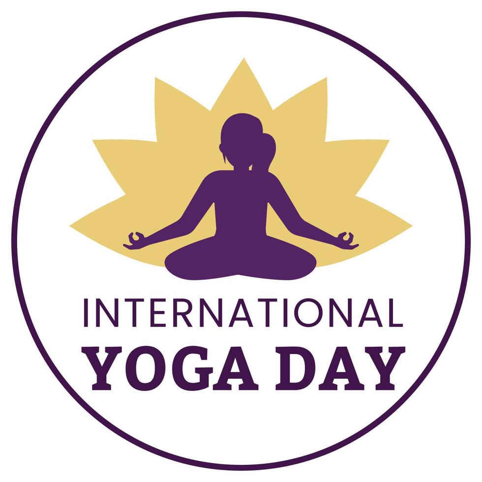 illustrazione vettoriale felice giornata yoga con effetto testo viola in forma rotonda, blu scuro, donna che fa yoga, signora, donna, posizione yoga, speciale giornata internazionale dello yoga, effetto testo. loto dorato.