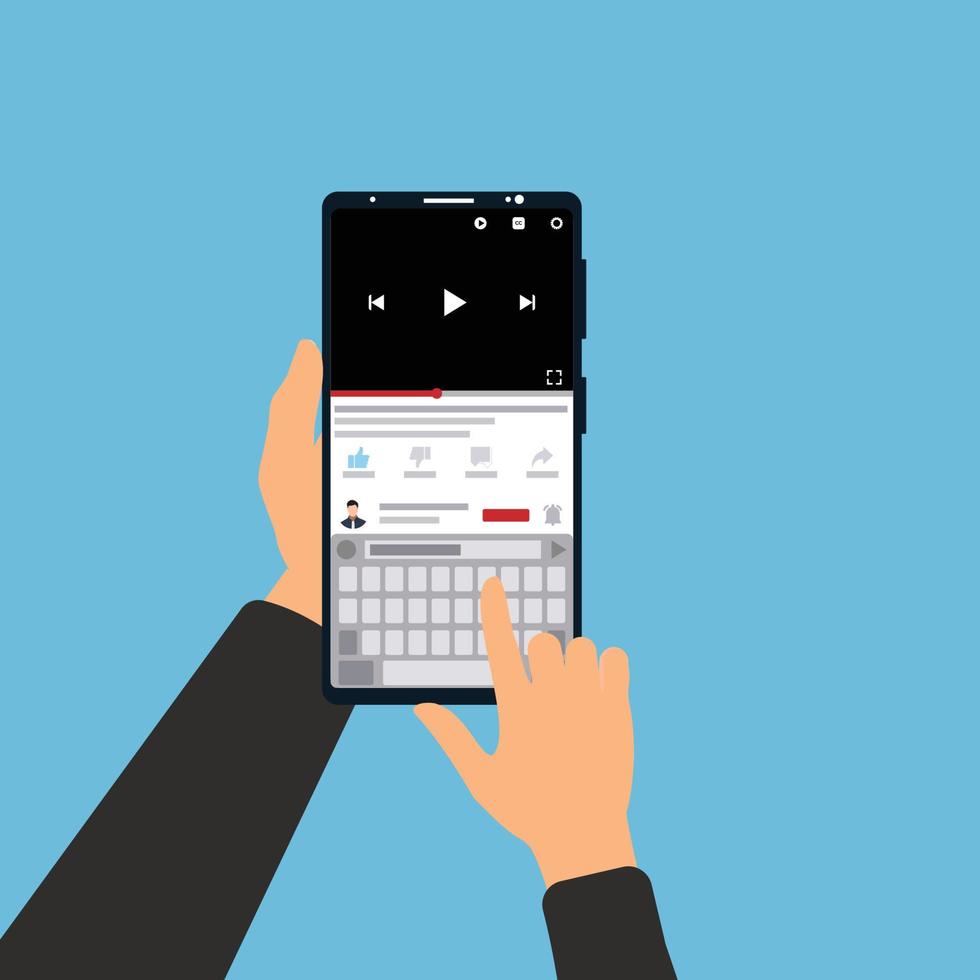 scrivendo un commento per un video online sul vettore dello smartphone. mano che tiene il telefono cellulare e guarda video online. digitando i commenti con una tastiera mobile per il vettore del concetto di canale online.