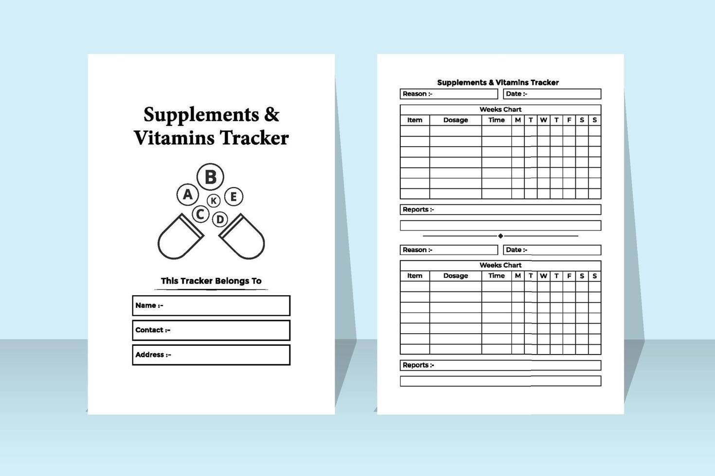 interno del diario dell'inseguitore di vitamine. integratore regolare e interno del tracker di informazioni vitaminiche. interno di un taccuino. informazioni sui farmaci per il paziente e modello di blocco note settimanale con elenco di vitamine. vettore