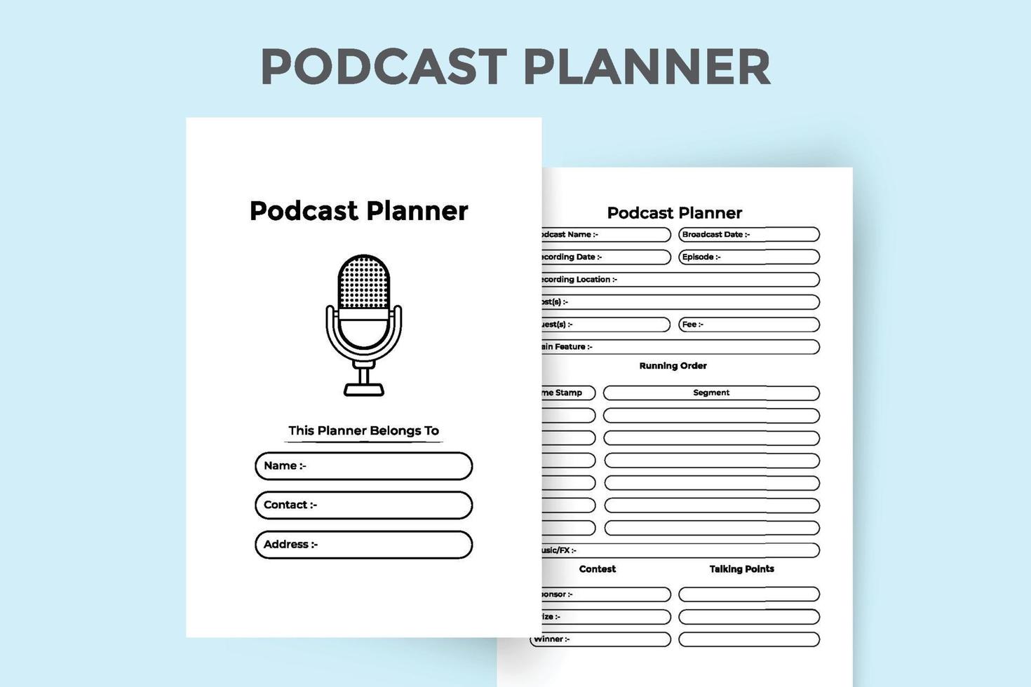 interno del taccuino del pianificatore di podcast. tracker di informazioni sulla stazione radio regolare e modello di pianificazione degli ospiti. interno di un diario. pianificatore di podcast e raccoglitore di informazioni sull'argomento interno del blocco note. vettore