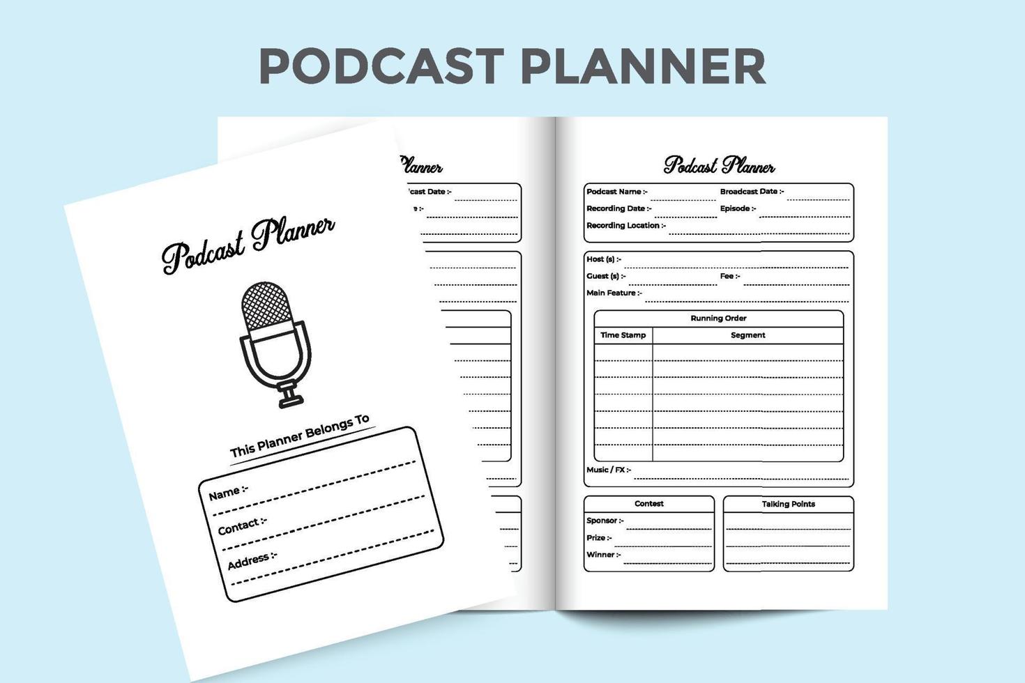 interno del diario del pianificatore di podcast. tracker di informazioni sui podcast regolari e modello di taccuino per la gestione dello spettacolo. interno di un registro. controllo quotidiano dell'argomento del podcast e monitoraggio delle informazioni sull'hosting. vettore