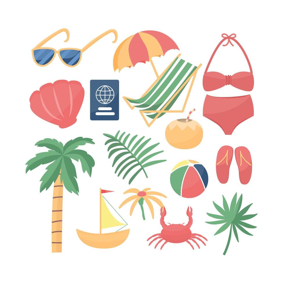 raccolta di simpatici elementi estivi. palma, ombrellone, occhiali, foglie tropicali, granchio, cocco. design per poster, carta, scrapbooking, tag, invito, kit di adesivi. vettore